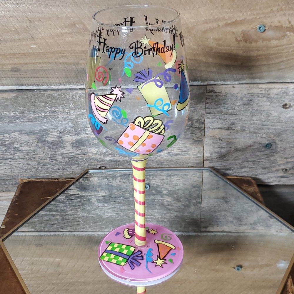 Top Shelf Handpainted Wine Glass - Happy Birthday  with Box